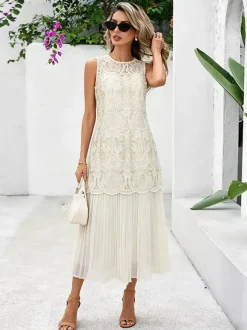 Daily Dresses Maxi Daily For Woman Sleeveless Jewel Neck Natural Waist Chic Lace Dress