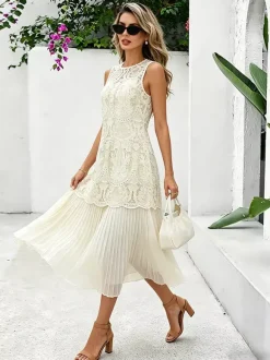 Daily Dresses Maxi Daily For Woman Sleeveless Jewel Neck Natural Waist Chic Lace Dress