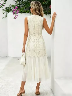 Daily Dresses Maxi Daily For Woman Sleeveless Jewel Neck Natural Waist Chic Lace Dress