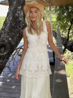 Daily Dresses Maxi Daily For Woman Sleeveless Jewel Neck Natural Waist Chic Lace Dress