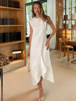 Daily Dresses Maxi For Woman Sleeveless Jewel Neck Natural Waist Elegant White Dress