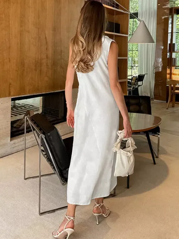 Daily Dresses Maxi For Woman Sleeveless Jewel Neck Natural Waist Elegant White Dress