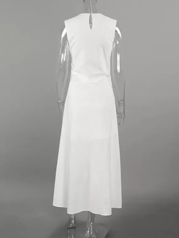 Daily Dresses Maxi For Woman Sleeveless Jewel Neck Natural Waist Elegant White Dress