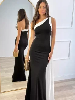 Daily Dresses Maxi For Women Sleeveless One-Shoulder Chic Black Dress