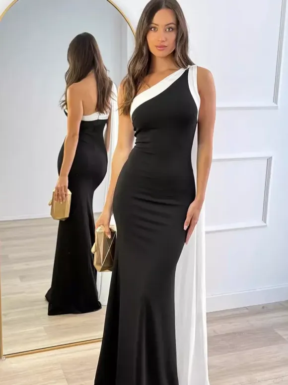 Daily Dresses Maxi For Women Sleeveless One-Shoulder Chic Black Dress