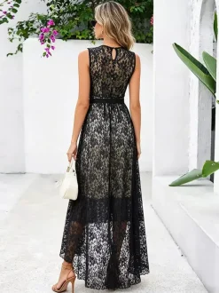 Daily Dresses Maxi Sleeveless Jewel Neck Natural Waist Elegant Lace White Dress