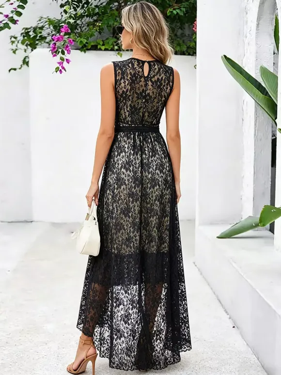 Daily Dresses Maxi Sleeveless Jewel Neck Natural Waist Elegant Lace White Dress