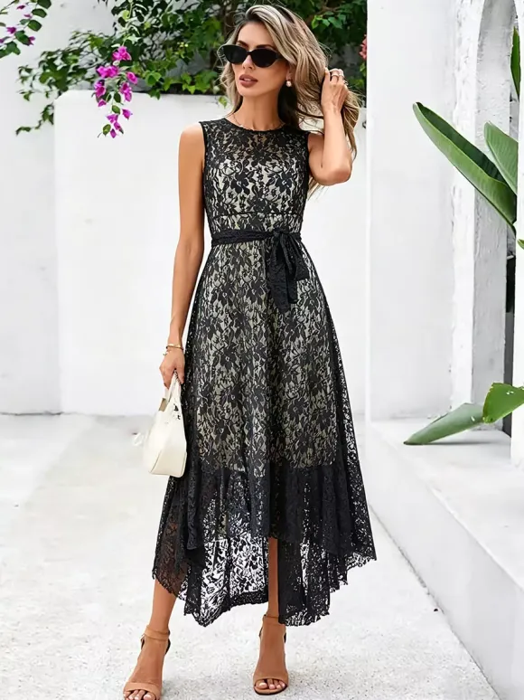 Daily Dresses Maxi Sleeveless Jewel Neck Natural Waist Elegant Lace White Dress