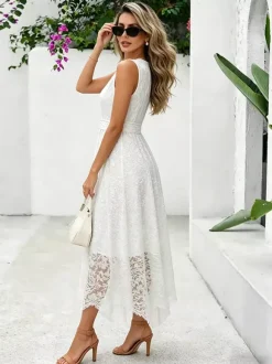 Daily Dresses Maxi Sleeveless Jewel Neck Natural Waist Elegant Lace White Dress