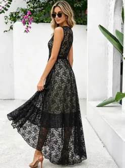 Daily Dresses Maxi Sleeveless Jewel Neck Natural Waist Elegant Lace White Dress