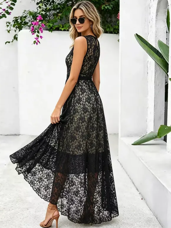 Daily Dresses Maxi Sleeveless Jewel Neck Natural Waist Elegant Lace White Dress