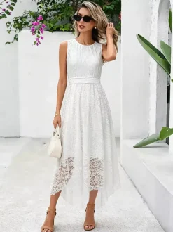 Daily Dresses Maxi Sleeveless Jewel Neck Natural Waist Elegant Lace White Dress