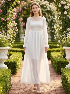 Daily Dresses Maxi Woman's Dress Long Sleeves Square Neck High Rise Waist Academic White Dress
