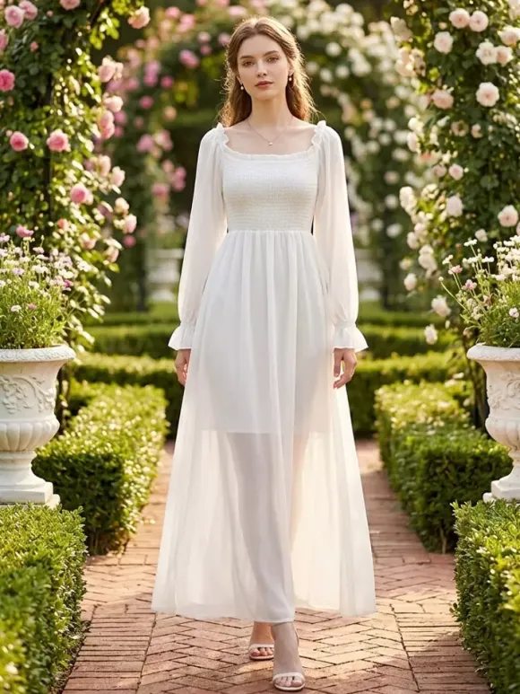 Daily Dresses Maxi Woman's Dress Long Sleeves Square Neck High Rise Waist Academic White Dress