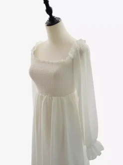 Daily Dresses Maxi Woman's Dress Long Sleeves Square Neck High Rise Waist Academic White Dress