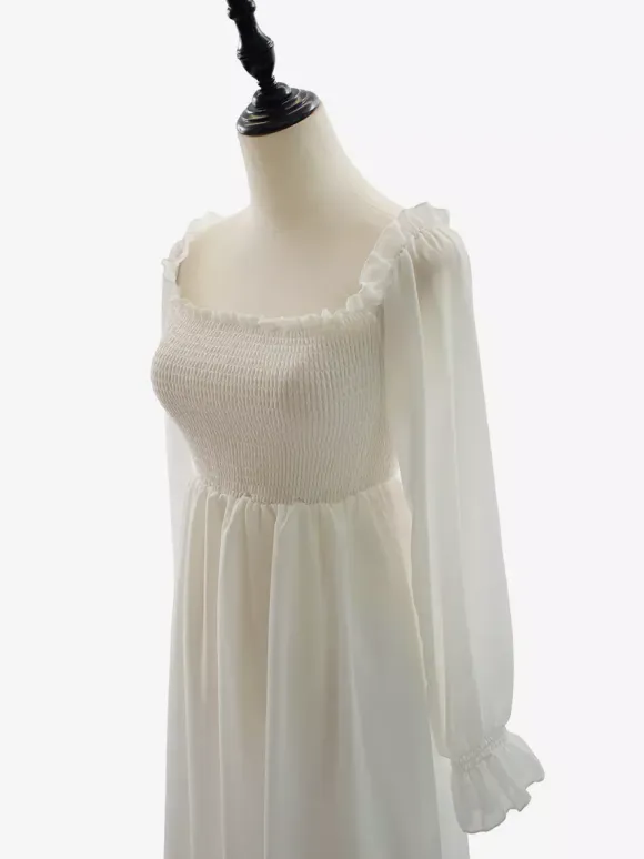 Daily Dresses Maxi Woman's Dress Long Sleeves Square Neck High Rise Waist Academic White Dress