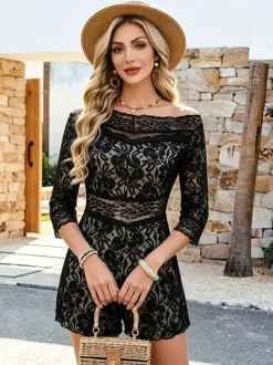 Daily Dresses Mini Black Flowers Half Sleeves Off-The-Shoulder Raised Waist Dress