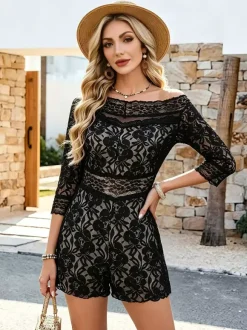Daily Dresses Mini Black Flowers Half Sleeves Off-The-Shoulder Raised Waist Dress