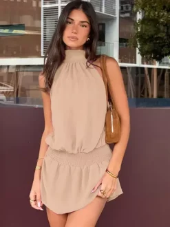 Daily Dresses Mini Khaki Sleeveless Backless High Collar Natural Waist Dress