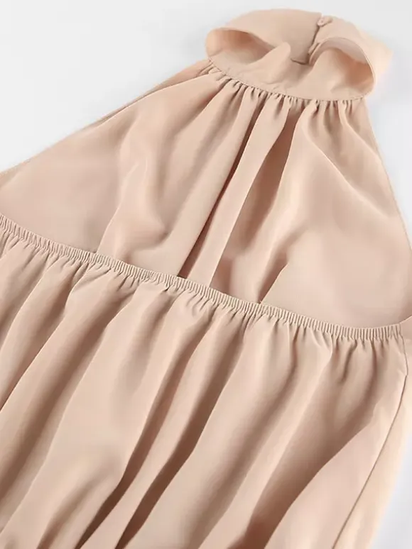 Daily Dresses Mini Khaki Sleeveless Backless High Collar Natural Waist Dress