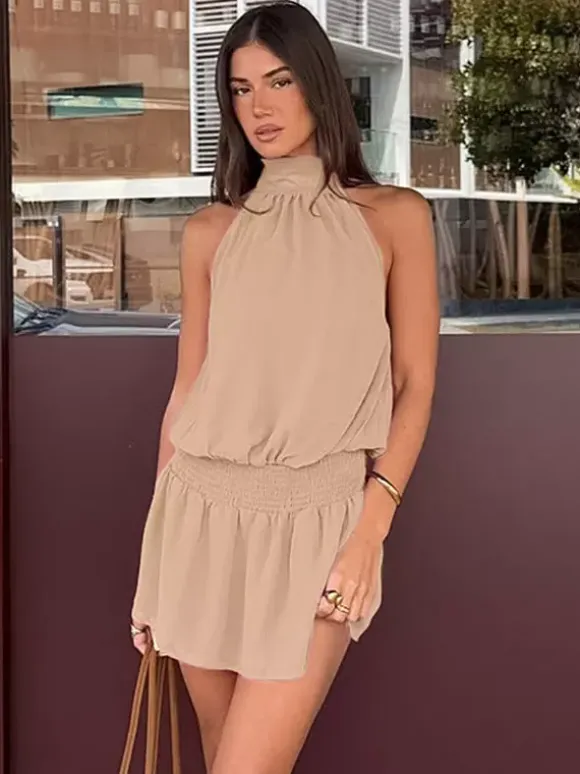Daily Dresses Mini Khaki Sleeveless Backless High Collar Natural Waist Dress