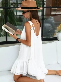Daily Dresses Mini Women's Sleeveless Backless V-Neck Chic White Summer Dress