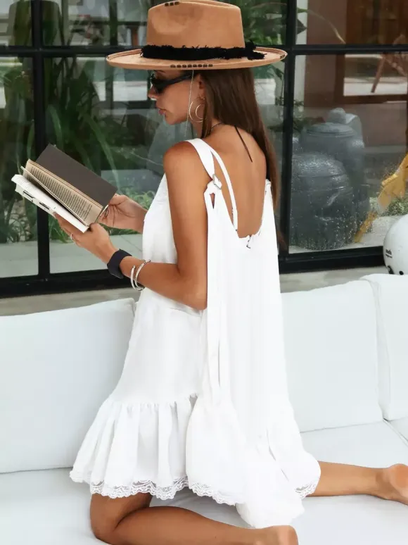 Daily Dresses Mini Women's Sleeveless Backless V-Neck Chic White Summer Dress