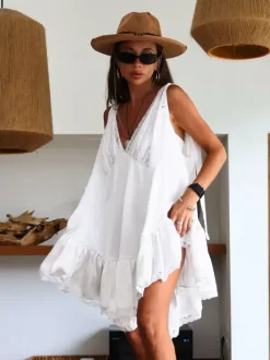 Daily Dresses Mini Women's Sleeveless Backless V-Neck Chic White Summer Dress