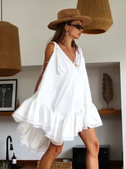 Daily Dresses Mini Women's Sleeveless Backless V-Neck Chic White Summer Dress