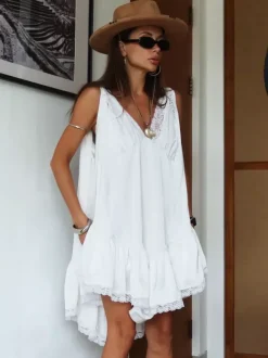 Daily Dresses Mini Women's Sleeveless Backless V-Neck Chic White Summer Dress