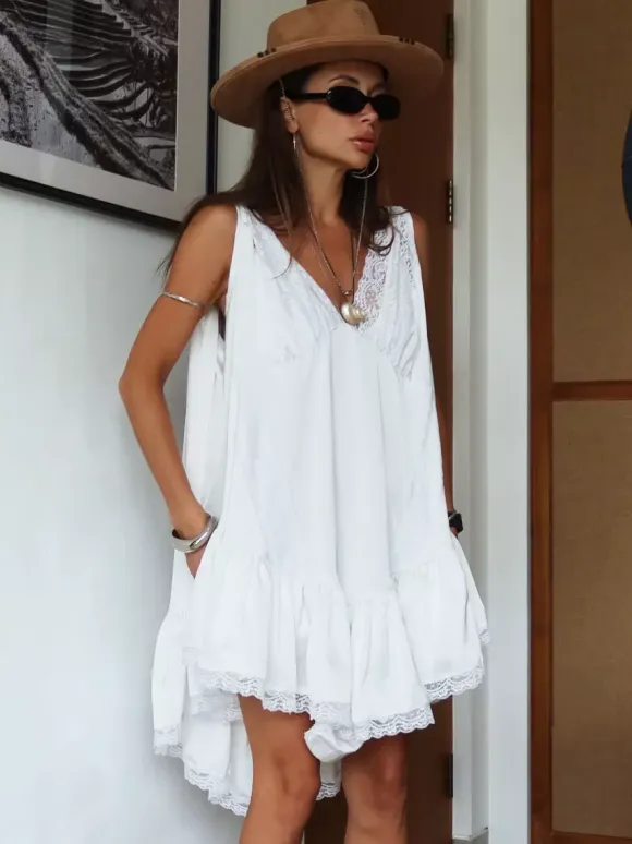 Daily Dresses Mini Women's Sleeveless Backless V-Neck Chic White Summer Dress