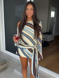Daily Dresses Woman's Long Sleeves One-Shoulder Chic Purple Dress