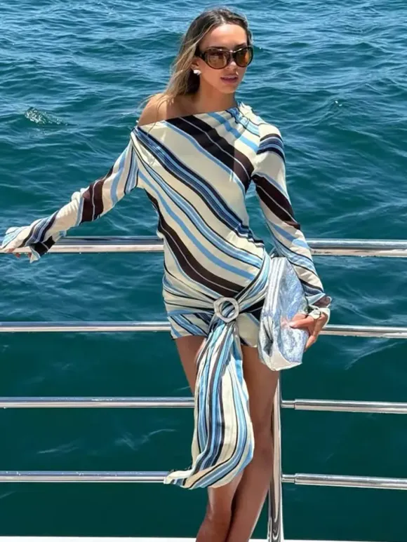 Daily Dresses Woman's Long Sleeves One-Shoulder Chic Purple Dress