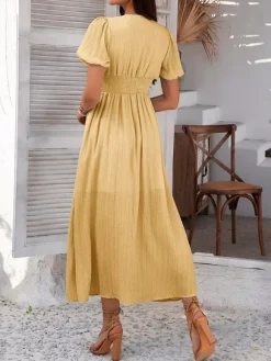 Daily Dresses Woman's Maxi Black Backless Buttons Short Sleeves V-Neck Raised Waist Dress