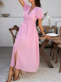 Daily Dresses Woman's Maxi Black Backless Buttons Short Sleeves V-Neck Raised Waist Dress