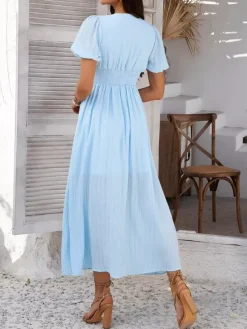 Daily Dresses Woman's Maxi Black Backless Buttons Short Sleeves V-Neck Raised Waist Dress