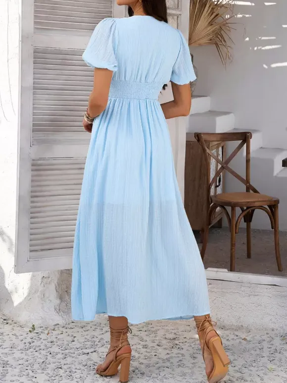 Daily Dresses Woman's Maxi Black Backless Buttons Short Sleeves V-Neck Raised Waist Dress
