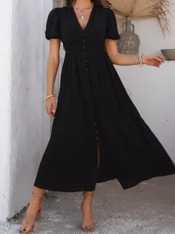Daily Dresses Woman's Maxi Black Backless Buttons Short Sleeves V-Neck Raised Waist Dress