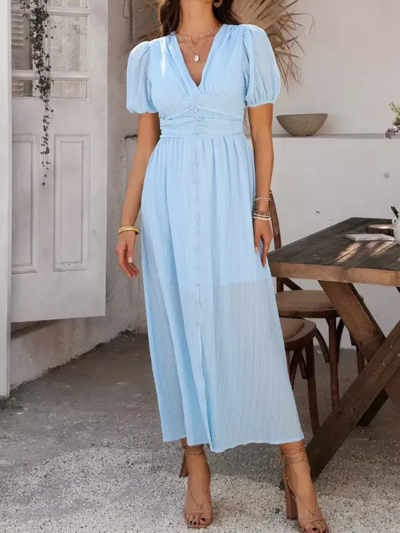 Daily Dresses Woman's Maxi Black Backless Buttons Short Sleeves V-Neck Raised Waist Dress