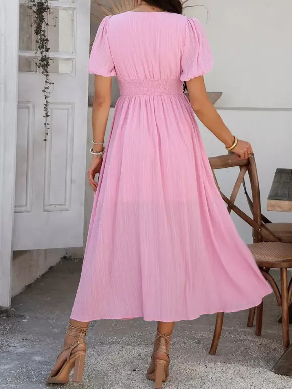 Daily Dresses Woman's Maxi Black Backless Buttons Short Sleeves V-Neck Raised Waist Dress