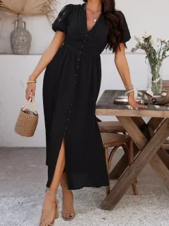 Daily Dresses Woman's Maxi Black Backless Buttons Short Sleeves V-Neck Raised Waist Dress