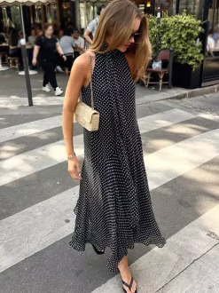 Daily Dresses Woman's Maxi Black Sleeveless Backless Halter Polka Dot Summer Dress