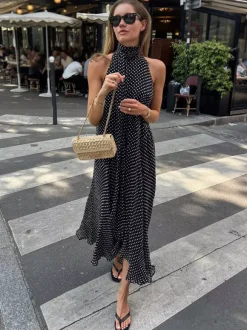Daily Dresses Woman's Maxi Black Sleeveless Backless Halter Polka Dot Summer Dress