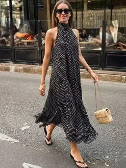 Daily Dresses Woman's Maxi Black Sleeveless Backless Halter Polka Dot Summer Dress