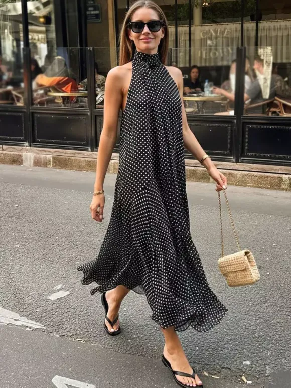 Daily Dresses Woman's Maxi Black Sleeveless Backless Halter Polka Dot Summer Dress
