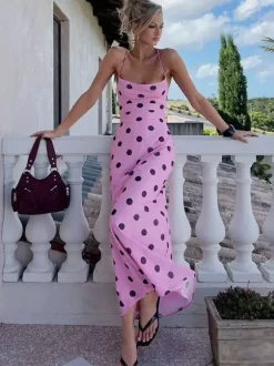 Daily Dresses Woman's Maxi Pink Backless Lace Up Sleeveless Straps Neck Polka Dot Dress