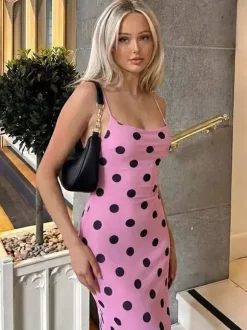 Daily Dresses Woman's Maxi Pink Backless Lace Up Sleeveless Straps Neck Polka Dot Dress
