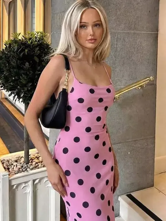 Daily Dresses Woman's Maxi Pink Backless Lace Up Sleeveless Straps Neck Polka Dot Dress