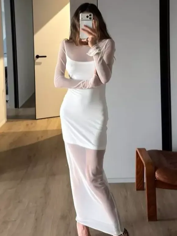Daily Dresses Woman's Maxi White Long Sleeves Jewel Neck Natural Waist Dress