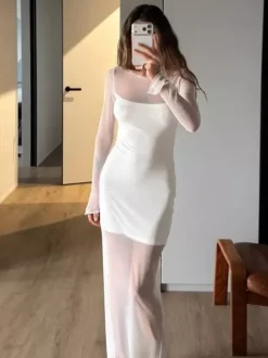 Daily Dresses Woman's Maxi White Long Sleeves Jewel Neck Natural Waist Dress